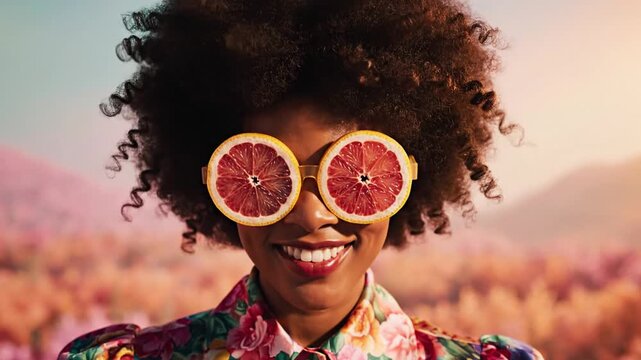 Cinematic close-up of a stylish fashion model with voluminous curly hair wearing vibrant citrus-inspired designer sunglasses in a bright outdoor setting during a sunny summer day.