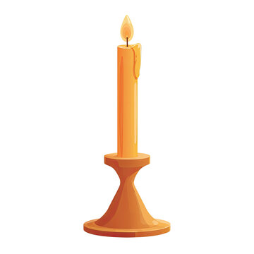 Animated image of a lit, yellow candle with dripped wax in a brown holder on a black background