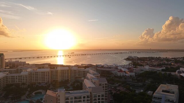 Sunset over Cancun, zona hotelera, drone shot over lagoon