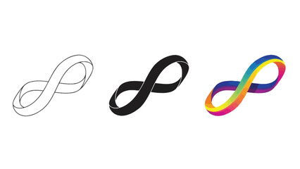 Set of three infinity symbols outline sketch, solid black shape, and colorful gradient ribbon design, representing eternity and endlessness