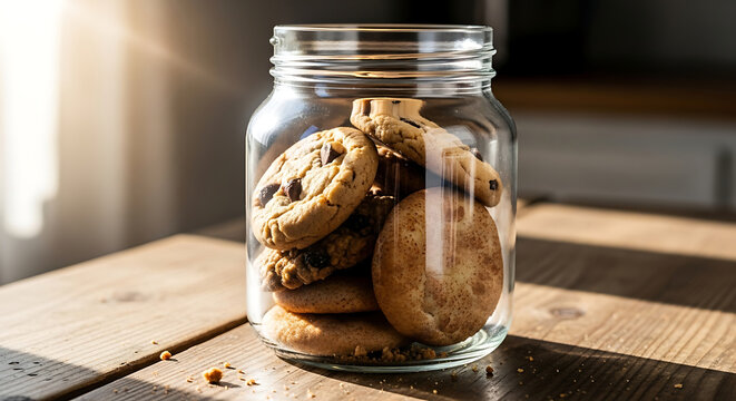 Glass Jar of Cookies on Wooden Table in Sunlight