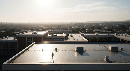 Naklejka premium Person Walking on Flat Roof at Sunset Over City