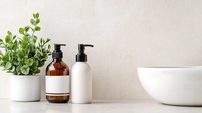Minimalist bathroom skincare setup clean aesthetic product display natural elements gigapixel quality