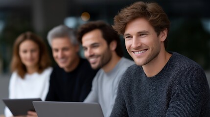 Fototapeta premium Diverse Professionals Collaborating in Hybrid Office with Laptops and Tablets 