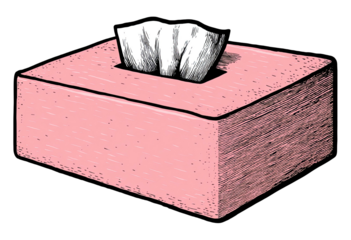 Illustration of a pink rectangular tissue box with a wisp of tissue coming out