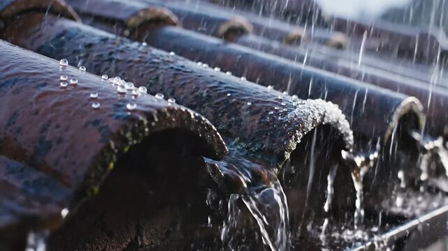 Close-up of rain falling on curved, terracotta roof tiles, glistening with water droplets