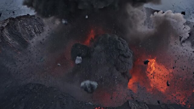 Explosive Volcanic Eruption: Witness the raw, untamed power of nature as a volcano erupts, spewing forth a fiery symphony of ash, smoke, and molten rock.