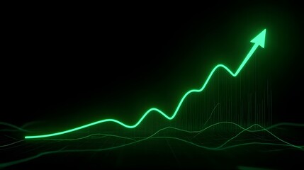 A green neon graph line rising sharply upwards with an arrow indicating growth and progress in a dark environment