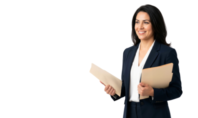 Happy businesswoman manager holding folder and document for meeting, isolated on transparent background