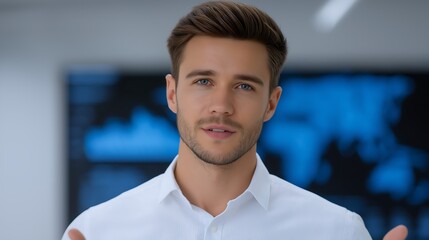 Startup Founder Presenting Growth Metrics on Holographic Screen in Modern Tech Office
