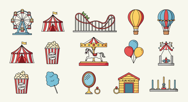 Childrens Amusement Park Icons Collection Including Ferris Wheel Roller Coaster Carousel Hot Air Balloons And Cotton Candy For Recreation Theme