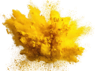 A vibrant burst of yellow powder exploding outward, creating a dynamic and energetic visual