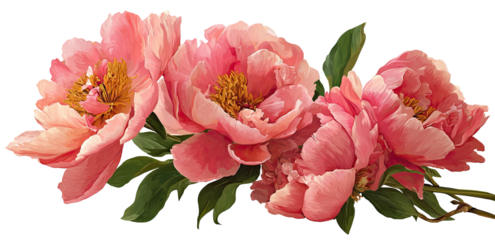 A cluster of delicate pink flowers with golden centers and green foliage, against a black background