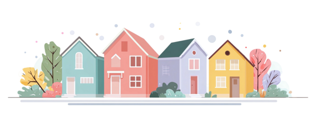 Colorful illustrated houses with trees and clouds, placed on a horizontal line against a black background