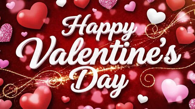 Happy valentines day with hearts and glitter on red background