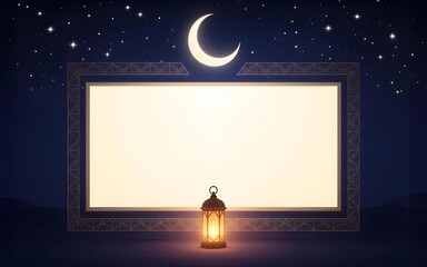Ramadan Kareem Night Scene with Crescent Moon and Lantern.