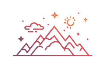 Stylized mountain range with sun, clouds, and stars, depicted in a gradient color scheme