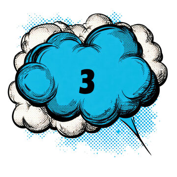 Comic book style cloud-burst illustration with the number three in bold black
