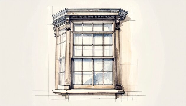 "Detailed architectural drawing of ornate bay window with classical decorative elements."
