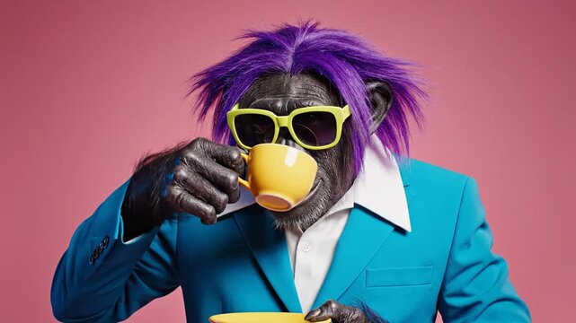 Cinematic close-up of an anthropomorphic chimpanzee featuring vibrant purple fur wearing stylish yellow sunglasses against a turquoise background in high-resolution slow-motion video footage.