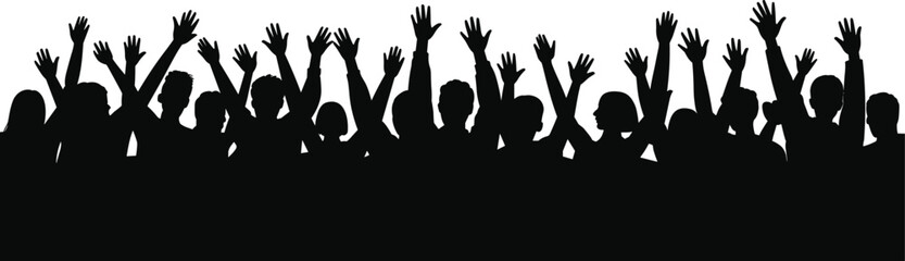 Crowd silhouette, raised hands, celebration, unity, black and white, concert vibe, people gathering, abstract group, energetic pose, social event