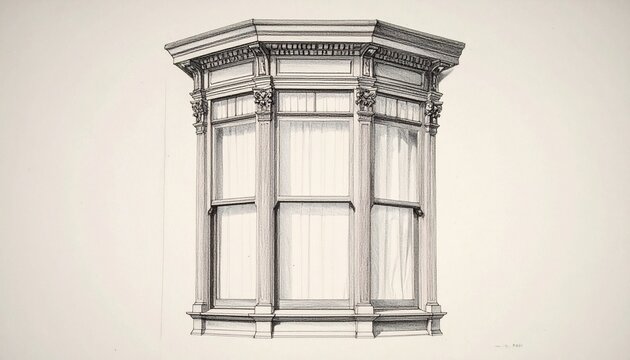 "Detailed architectural drawing of ornate bay window with classical decorative elements."
