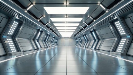 A futuristic, metallic corridor with sleek lighting, emphasizing a high-tech environment and a sense of depth and perspective.