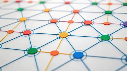 A colorful geometric pattern with interconnected circles and lines, creating a network-like design.
