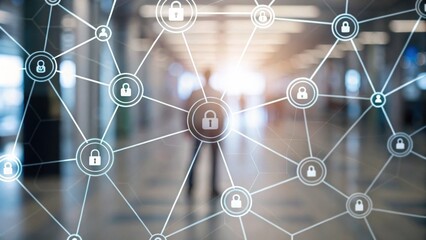 A network graphic depicting interconnected nodes with padlock symbols, symbolizing cybersecurity and data protection in a blurred background.
