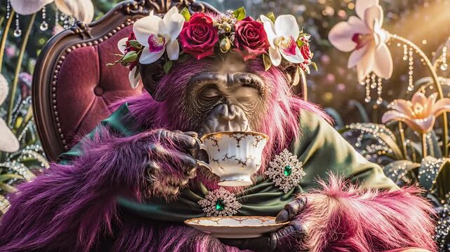 Cinematic portrait of a majestic chimpanzee featuring vibrant magenta fur and an ornate floral crown, wearing a vintage brooch and dress, capturing high-detail 4K slow-motion aesthetics.