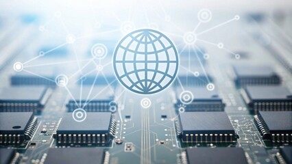 An abstract image featuring a globe icon surrounded by network connections on a circuit board background, symbolizing technology and connectivity.