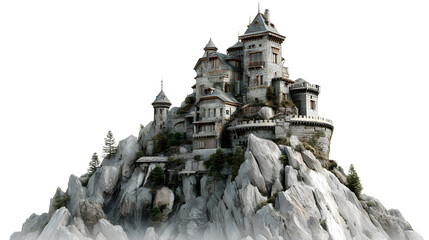 Majestic stone fairytale castle perched precariously atop a jagged, misty mountain peak creating an image of gothic fantasy architecture.