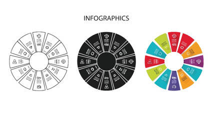Obraz premium Three styles of circular infographic diagrams for business presentation outline, solid black, and colorful segments with icons and text placeholders