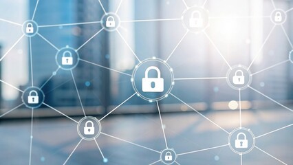 A digital network with interconnected nodes featuring padlocks, symbolizing cybersecurity and data protection in a modern environment.