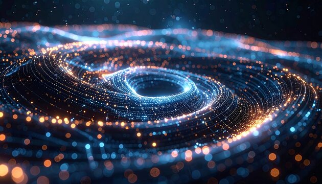 Digital swirls of luminous particles, creating an abstract display with flowing lines, varying colors, and a central focal point