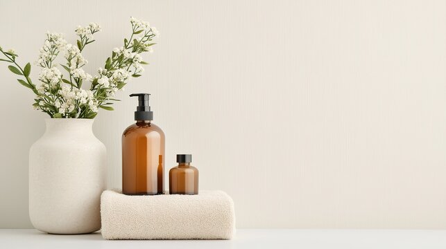 Relaxing home beauty care setup cozy bathroom product display minimalist style close-up view natural aesthetics