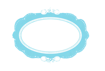 A light blue oval frame with a white interior and decorative top and bottom flourishes