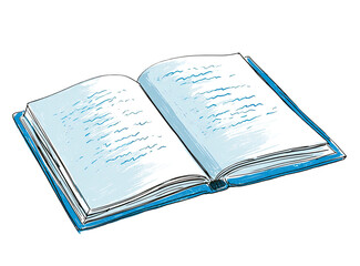 Obraz premium An open book, pages spread, with blue cover and scribbled text. Isolated on white background