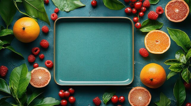 Teal square plate surrounded by fresh citrus fruits and berries on dark background.