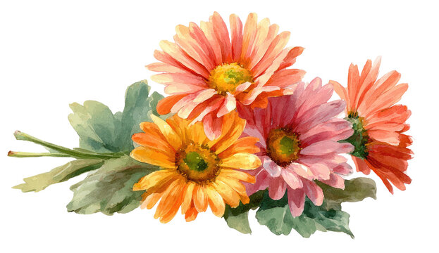 Watercolor painting of vibrant gerbera daisies with varying shades of orange and pink