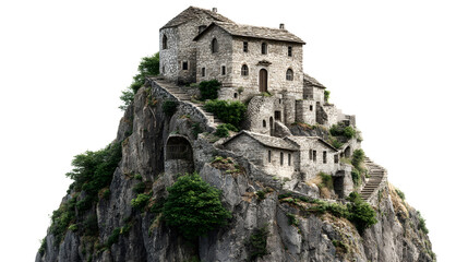 Ancient stone fortress complex constructed precariously into a towering sheer rock cliff face featuring multiple levels and winding exterior staircases suggesting medieval architecture.