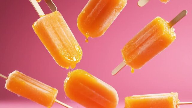 Cinematic close up of refreshing orange fruit popsicle resting on a vibrant pink background for creative summer treat and healthy frozen citrus snack in slow motion