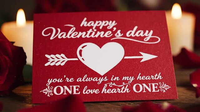 Happy valentines day card with heart and arrow on red background with candles and roses