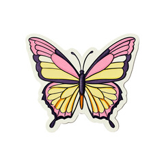 Obraz premium A vibrant, cartoon-style butterfly sticker with pink, yellow, and purple wing colors against black