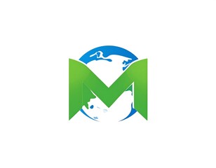 A stylized green capital letter "M" dominates, overlaying a blue globe with landmasses, on a clean white background