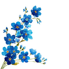 Watercolor illustration of a spray of blue flowers in bloom against a black background