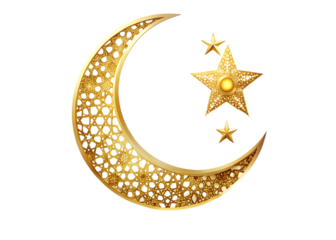 Gold crescent moon with stars on black background islamic arabesque