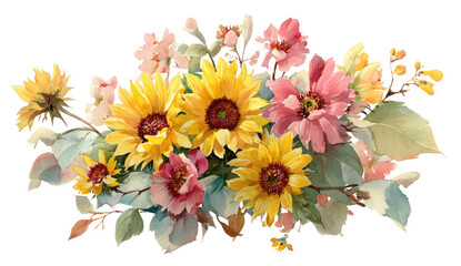 Watercolor floral arrangement with sunflowers and other blooms, a warm and inviting design