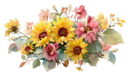 Watercolor floral arrangement with sunflowers and other blooms, a warm and inviting design