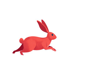 A cartoon rabbit, vibrant red, leaping across a black void